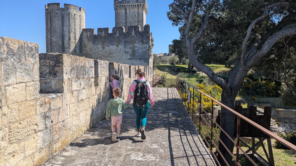 Family visiting a castle in Europe